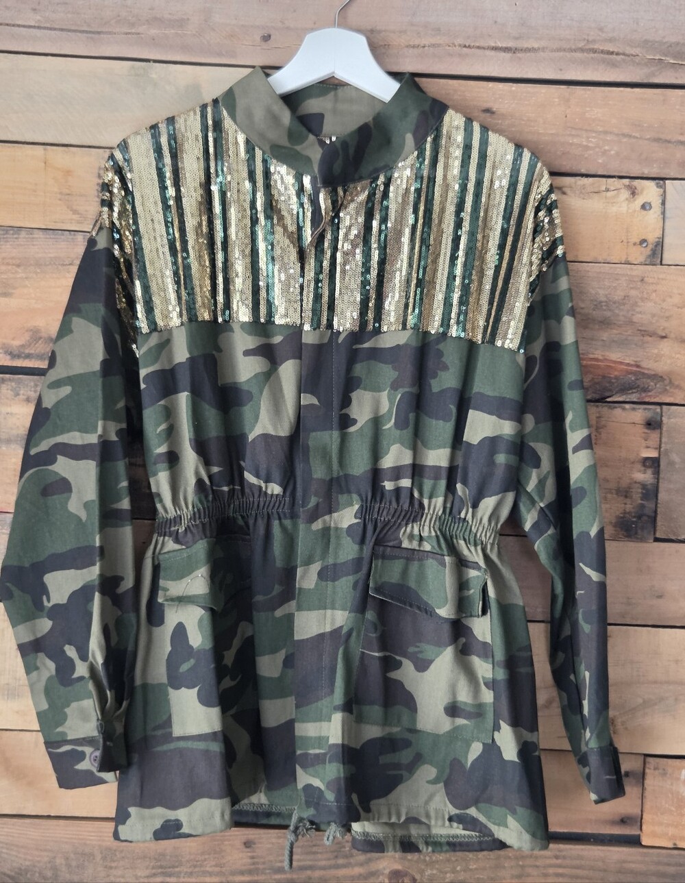 glam Camouflage Utility Jacket with Gold Sequin Yoke